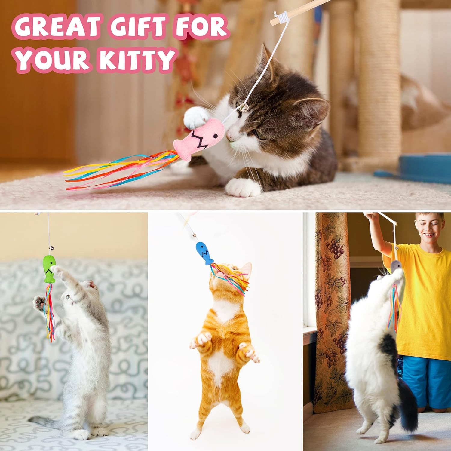 Cat Wand Toys Interactive Cat Toys With Catnip Fish Colorful Ribbons Bell For Kitty Kitten Cat Toys For Indoor Cats Cat Teaser Cat String Toy Cat Accessories - Image 4