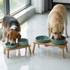 Elevated Ceramic Slow Feeder Dog Bowl with Anti-Slip Bamboo Stand - For Large Breeds