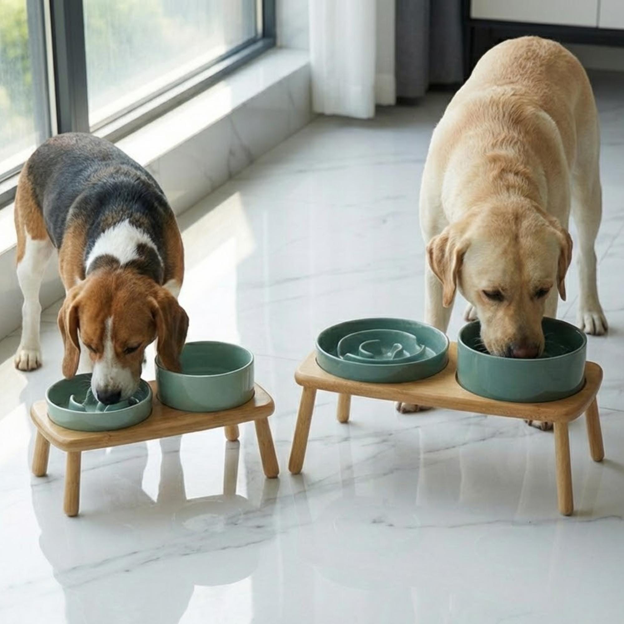 Elevated Ceramic Slow Feeder Dog Bowl with Anti-Slip Bamboo Stand - For Large Breeds
