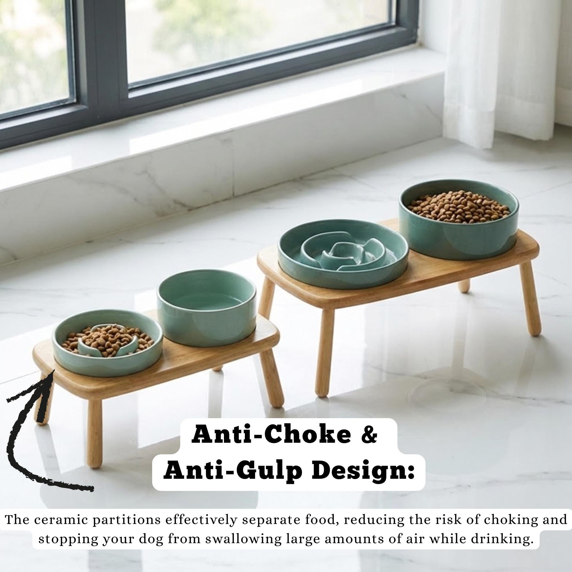 Elevated Ceramic Slow Feeder Dog Bowl with Anti-Slip Bamboo Stand - For Large Breeds - Image 16