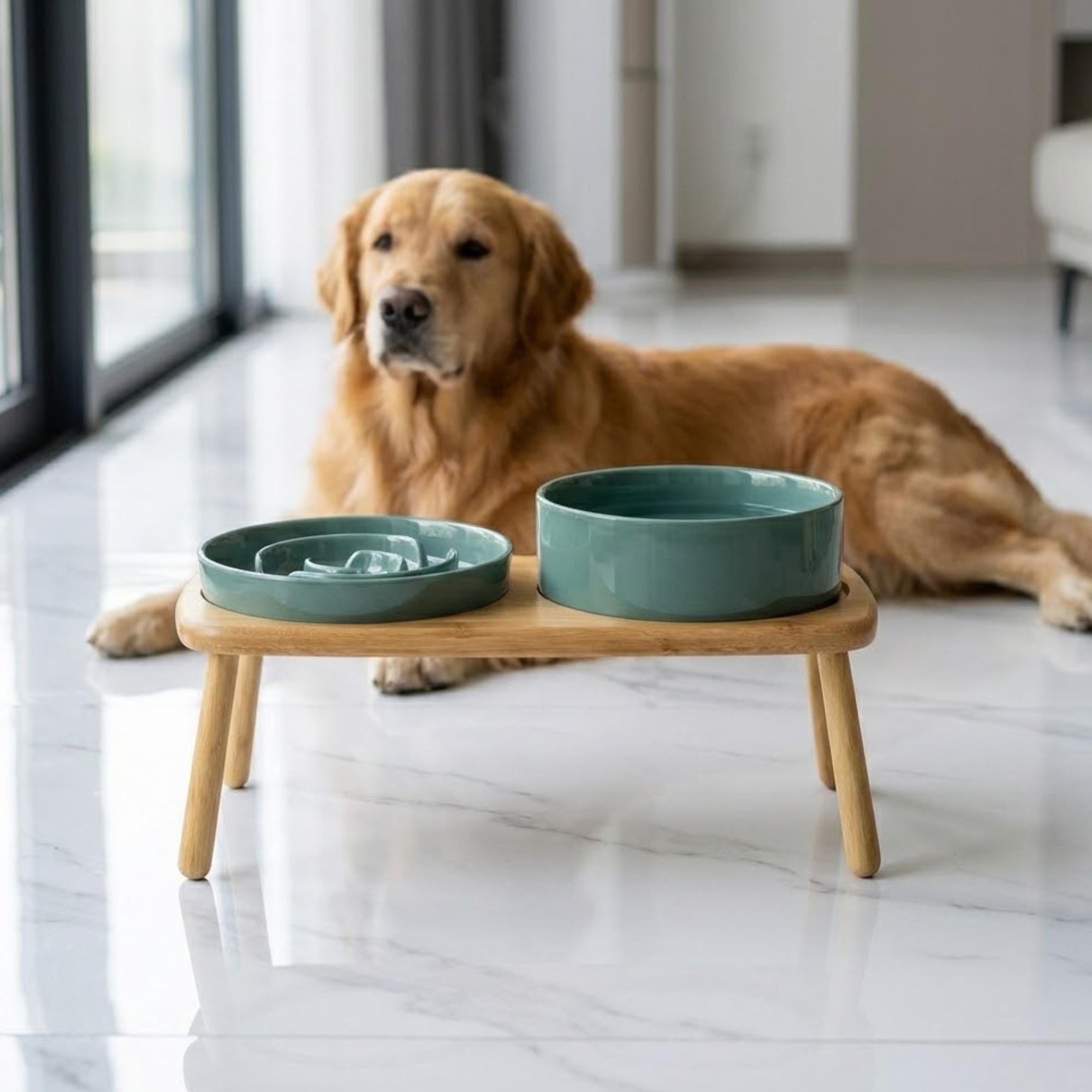 Elevated Ceramic Slow Feeder Dog Bowl with Anti-Slip Bamboo Stand - For Large Breeds - Image 8
