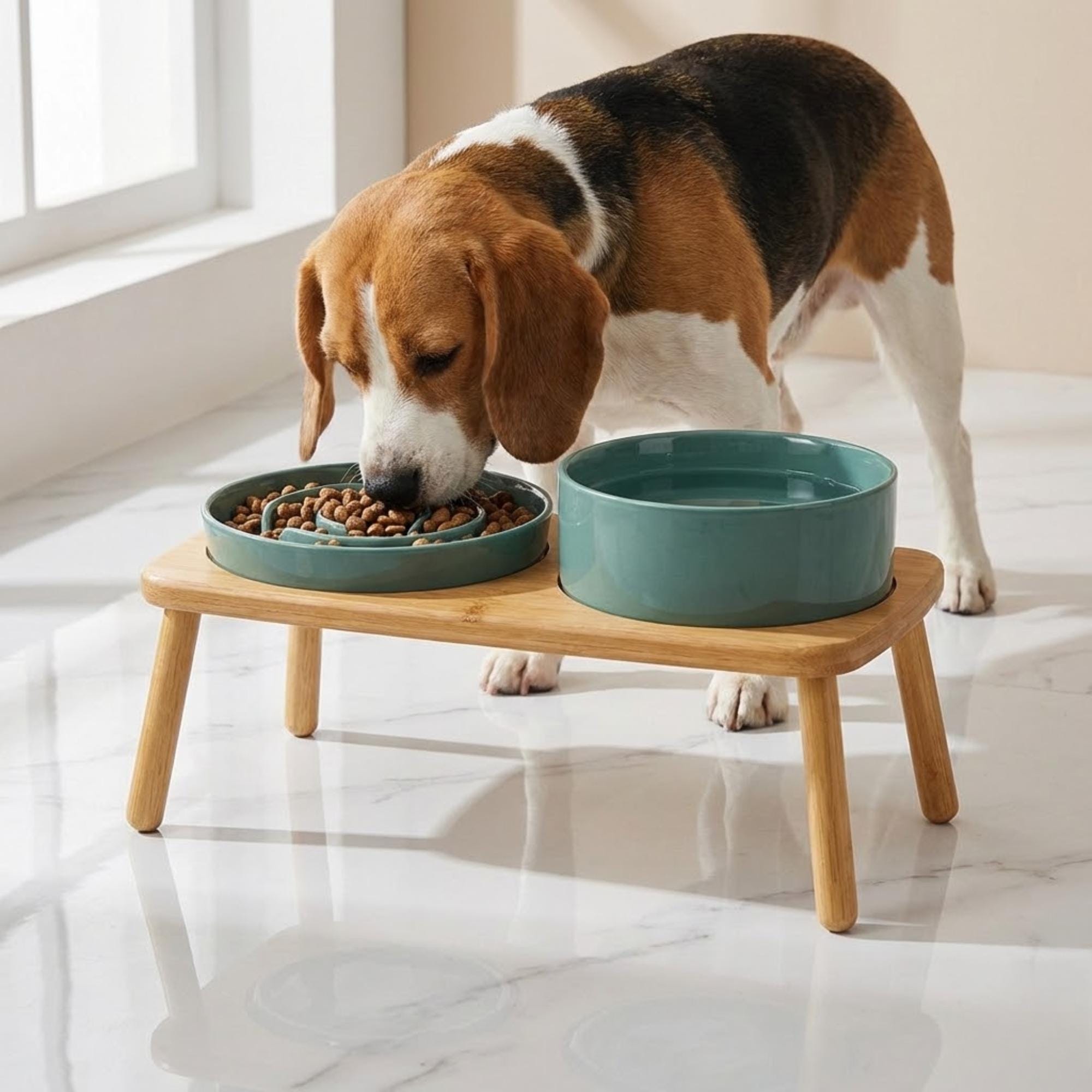 Elevated Ceramic Slow Feeder Dog Bowl with Anti-Slip Bamboo Stand - For Large Breeds - Image 10