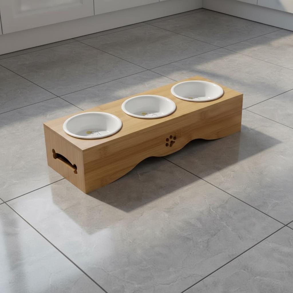 Elevated Dog Bowl Stand, Bamboo Pet Feeder with Stainless Steel Bowls - Image 5
