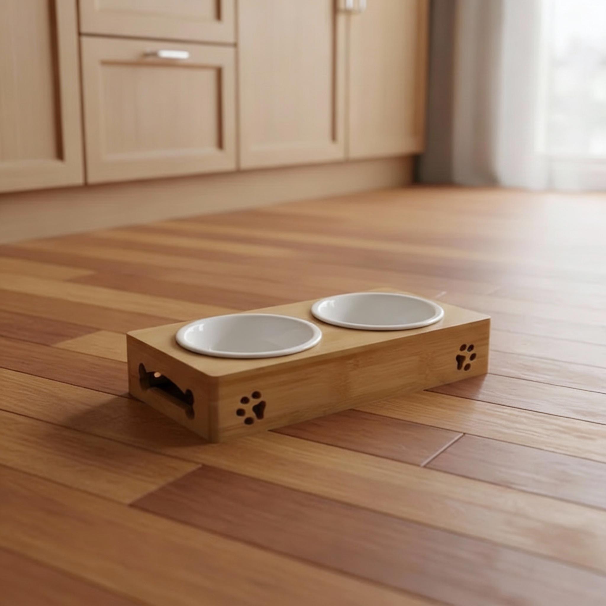 Elevated Dog Bowl Stand, Bamboo Pet Feeder with Stainless Steel Bowls - Image 7