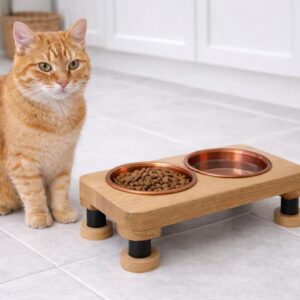 Raised Cat Bowl Stand, Wooden Cat Feeder, Elevated Feeding Station for Cats, Solid Oak or Walnut, Cat Furniture