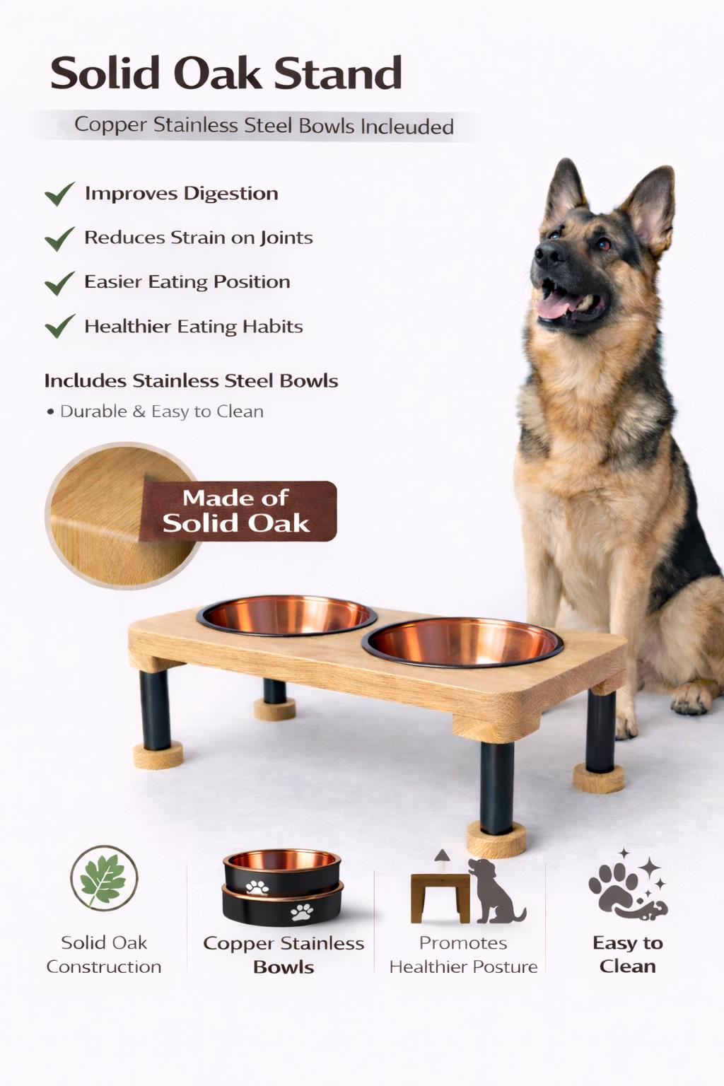 Raised Dog Bowl Stand, Solid Oak Elevated Dog Feeder with Bowls, Modern Wooden Pet Feeding Station, Dog Feeding Station - Image 4
