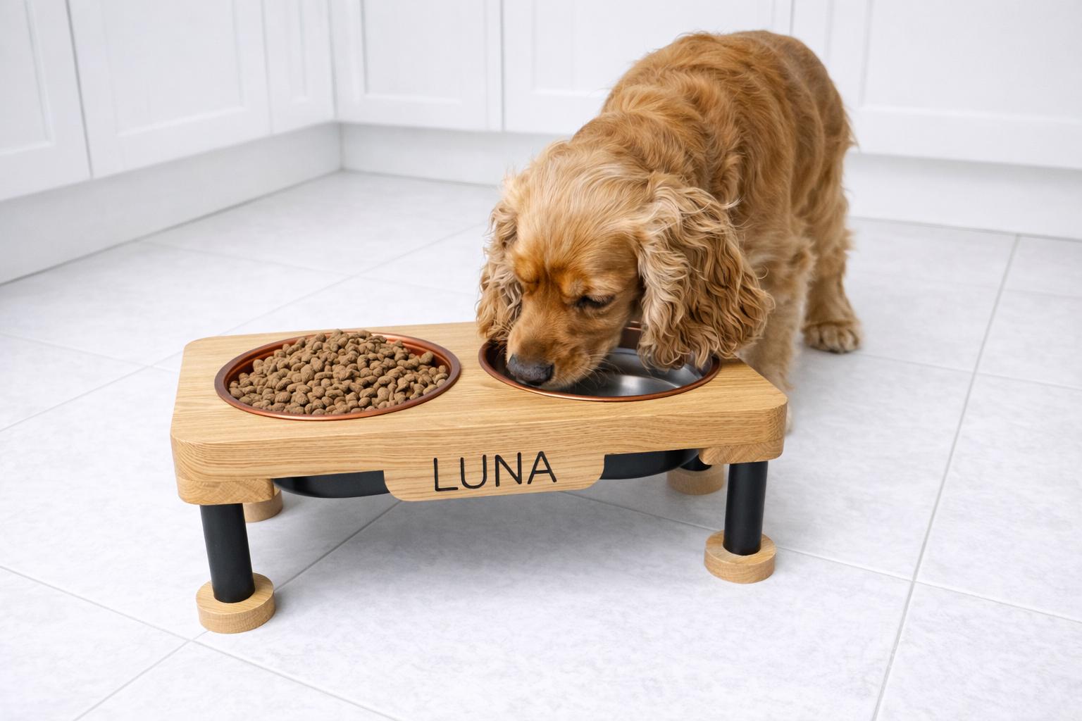 Raised Dog Bowl Stand, Solid Oak Elevated Dog Feeder with Bowls, Modern Wooden Pet Feeding Station, Dog Feeding Station - Image 2