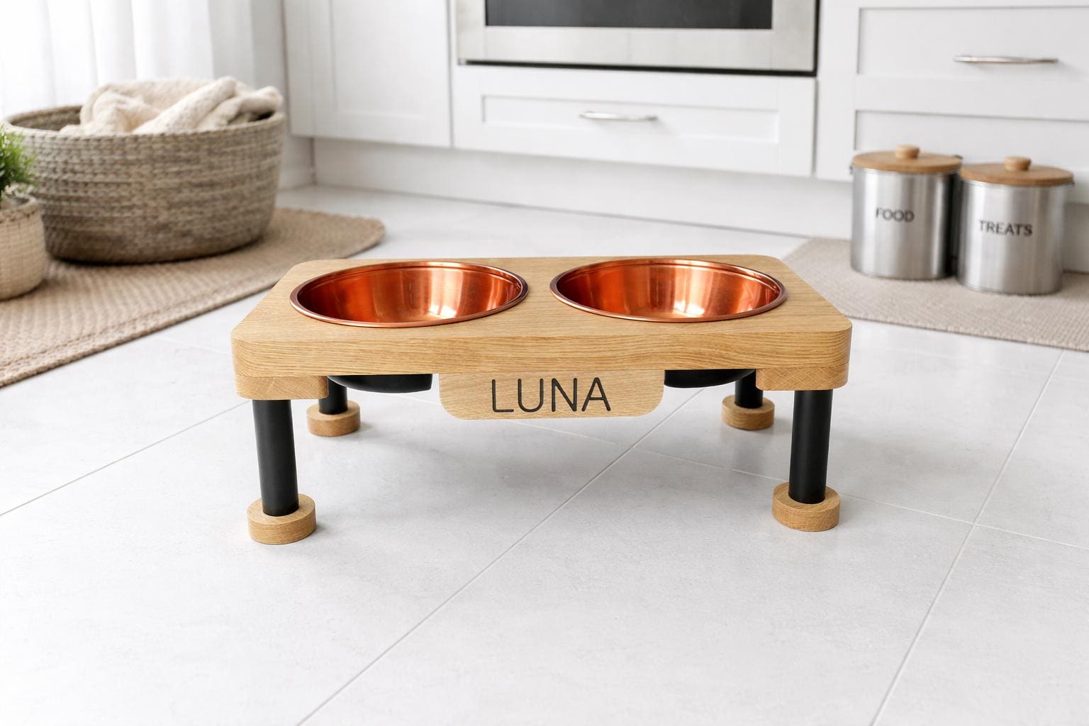 Raised Dog Bowl Stand, Solid Oak Elevated Dog Feeder with Bowls, Modern Wooden Pet Feeding Station, Dog Feeding Station - Image 3