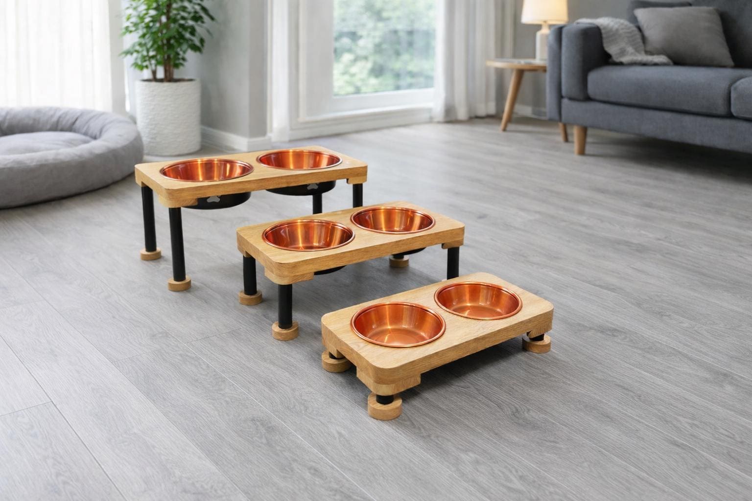 Raised Dog Bowl Stand, Solid Oak Elevated Dog Feeder with Bowls, Modern Wooden Pet Feeding Station, Dog Feeding Station