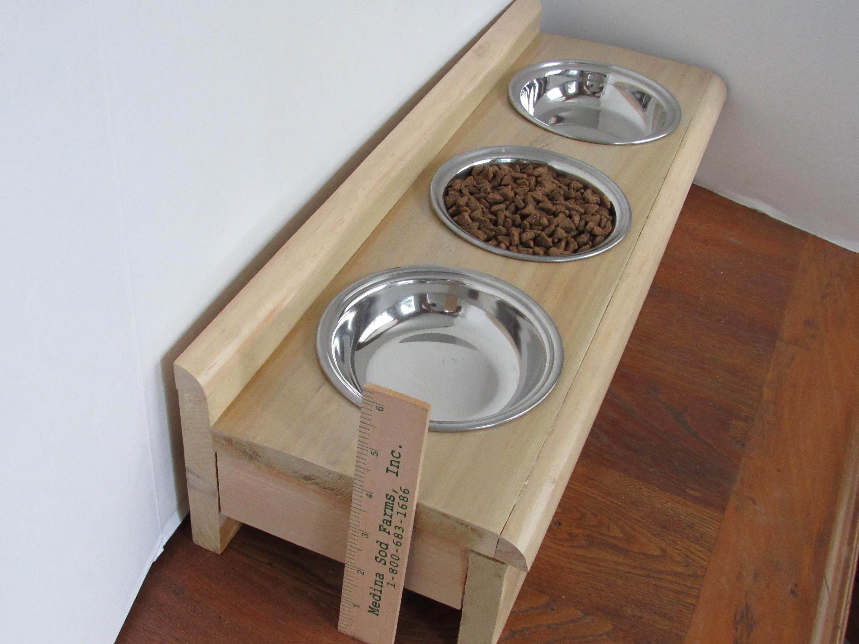 Cedar cat feeder with 3 shallow whisker friendly stainless steel bowls - Image 14