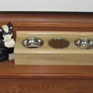 Cedar cat feeder with 3 shallow whisker friendly stainless steel bowls