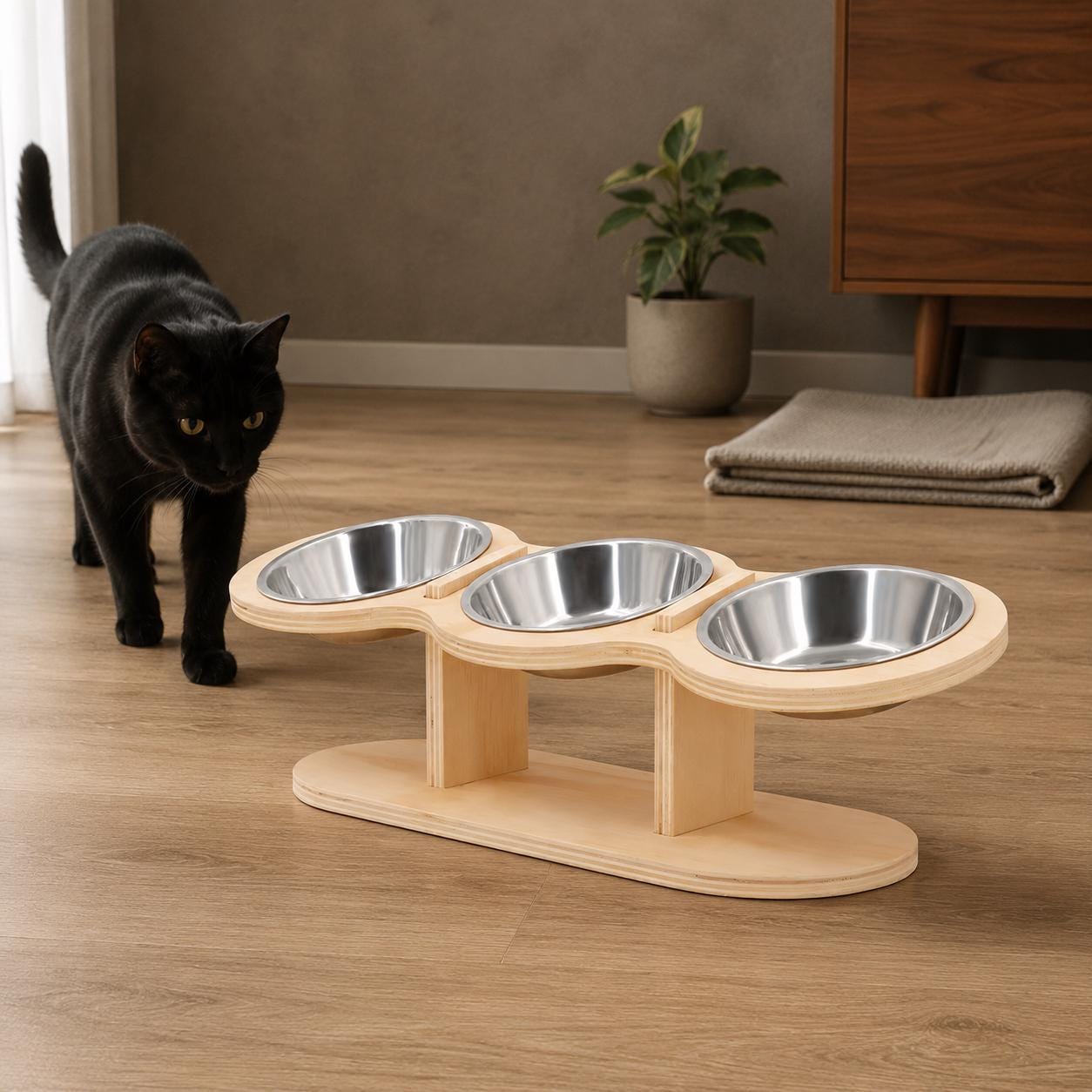 Elevated Cat Feeder with Three Stainless Steel Bowls, Tilted Raised Wooden Feeding Stand - Image 8