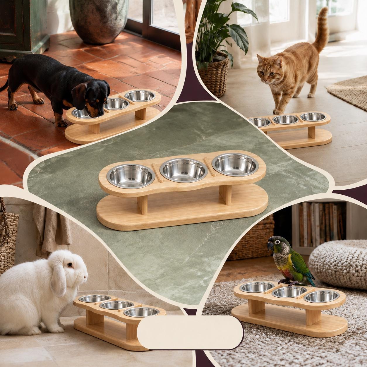 Elevated Cat Feeder with Three Stainless Steel Bowls, Tilted Raised Wooden Feeding Stand - Image 11