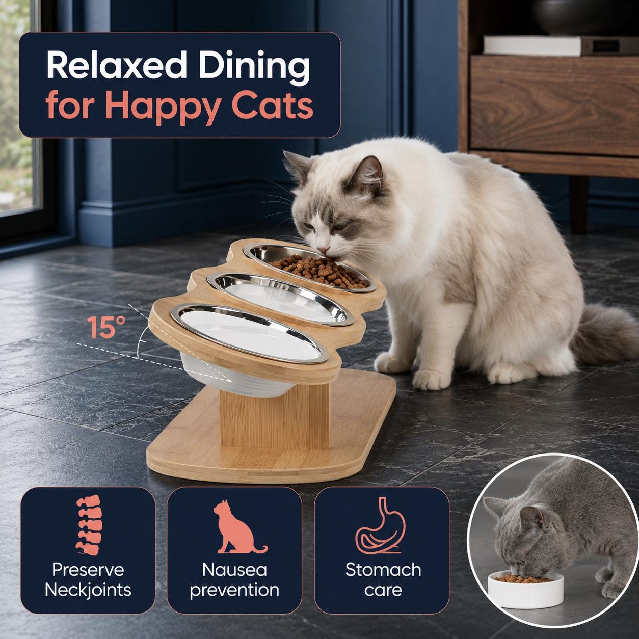 Elevated Cat Feeder with Three Stainless Steel Bowls, Tilted Raised Wooden Feeding Stand - Image 13