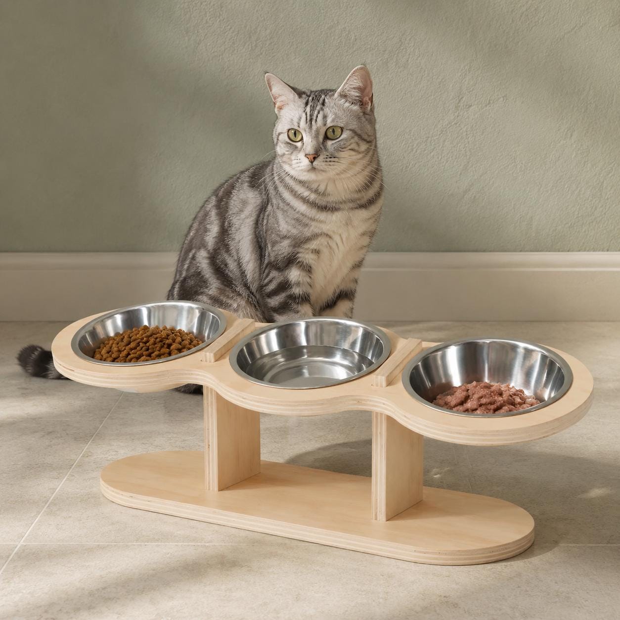 Elevated Cat Feeder with Three Stainless Steel Bowls, Tilted Raised Wooden Feeding Stand - Image 4