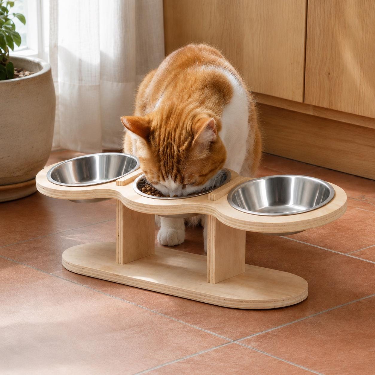 Elevated Cat Feeder with Three Stainless Steel Bowls, Tilted Raised Wooden Feeding Stand - Image 7