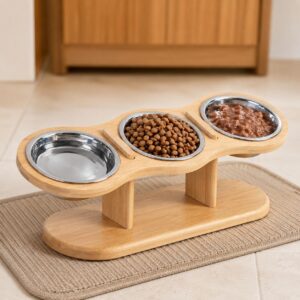 Elevated Cat Feeder with Three Stainless Steel Bowls, Tilted Raised Wooden Feeding Stand