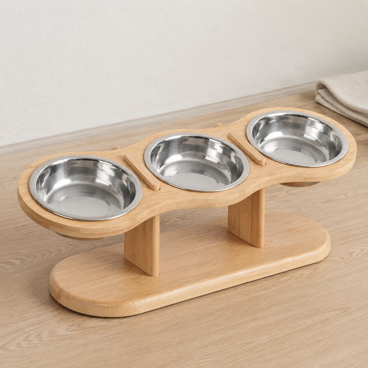 Elevated Cat Feeder with Three Stainless Steel Bowls, Tilted Raised Wooden Feeding Stand - Image 3