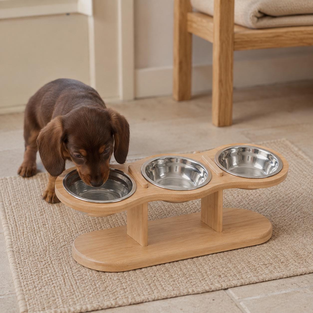 Elevated Cat Feeder with Three Stainless Steel Bowls, Tilted Raised Wooden Feeding Stand - Image 5