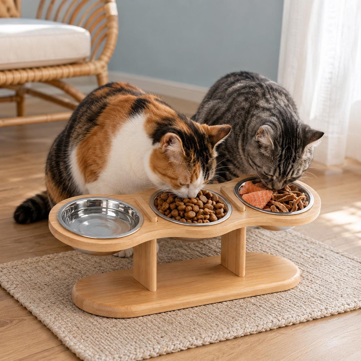 Elevated Cat Feeder with Three Stainless Steel Bowls, Tilted Raised Wooden Feeding Stand - Image 2
