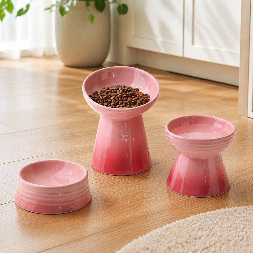 Elevated Pet Bowl, Ceramic Raised Cat Dog Feeder with Neck Protection & Tilted Design