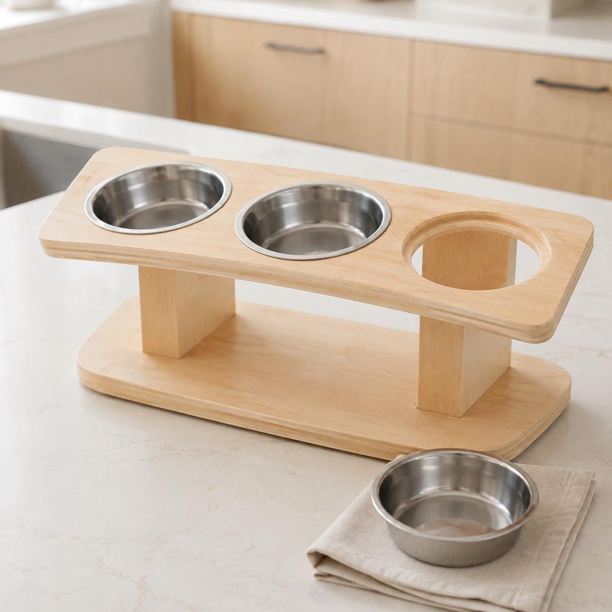 Elevated Cat Feeder with Three Stainless Steel Bowls, Tilted Raised Wooden Feeding Stand - Image 9