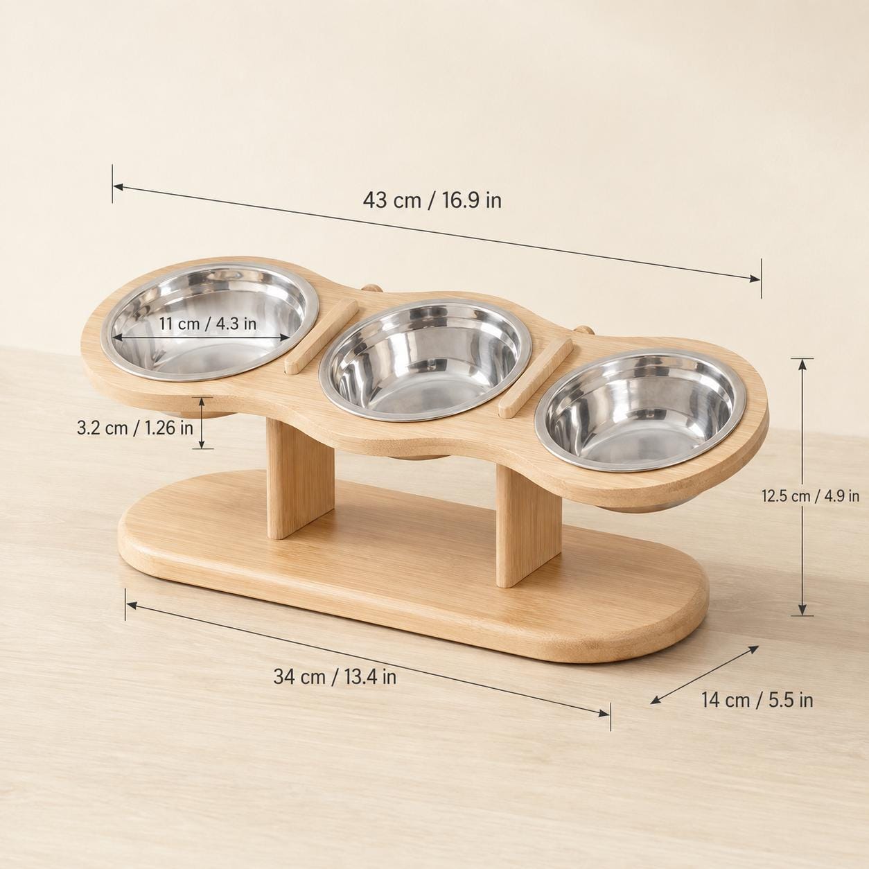 Elevated Cat Feeder with Three Stainless Steel Bowls, Tilted Raised Wooden Feeding Stand - Image 10