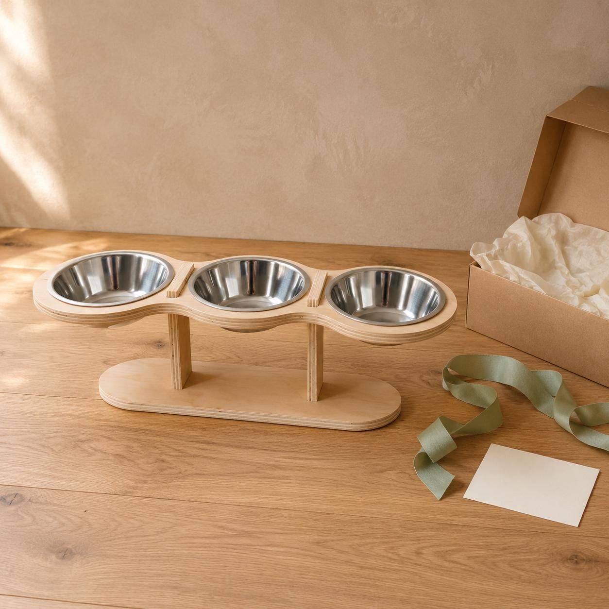 Elevated Cat Feeder with Three Stainless Steel Bowls, Tilted Raised Wooden Feeding Stand - Image 6