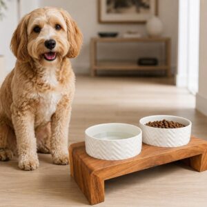 Solid Walnut Elevated Dog Bowl Stand with Two Ceramic Bowls